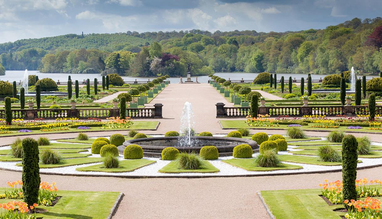 The Italian garden with lake beyond at the Trentham Estate, Stoke-on-Trent, Staffordshire.