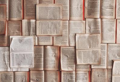 Many open books laid out together