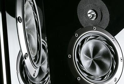 Black and white image of two large shiny speakers