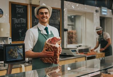 On-site butchers' department, stocking meat from the nearby family farm.