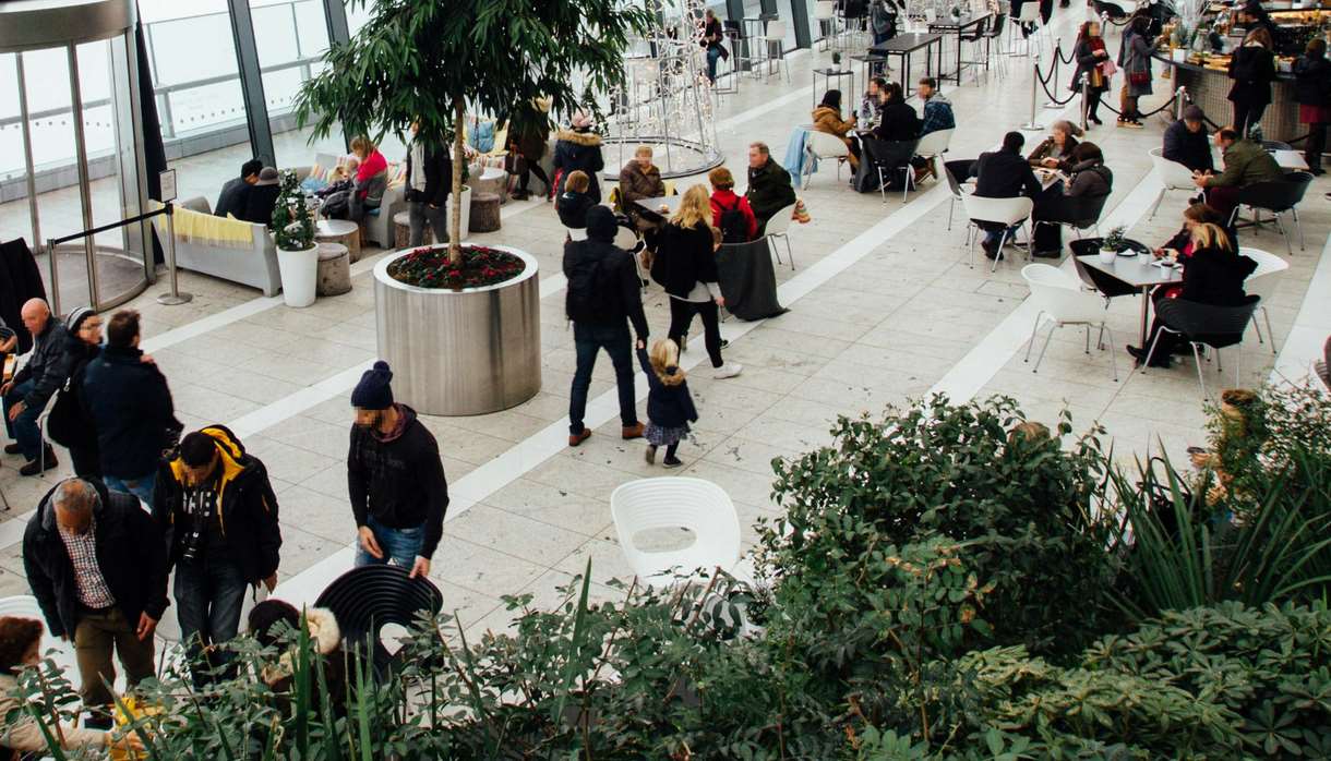 Green cafe space with people at Christmas