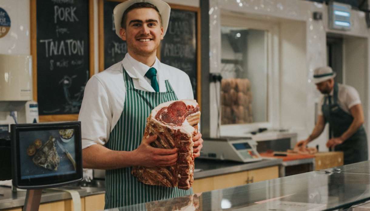 On-site butchers' department, stocking meat from the nearby family farm.