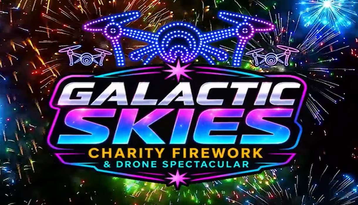 Galactic Skies Charity Firework & Drone Spectacular logo featuring a neon drone over colourful fireworks