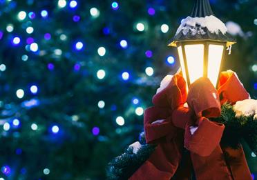 Outdoor lamp covered in snow and dressed with a red bow