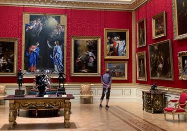 Man looking at painting in an opulent room