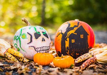 Ears of corn and pumpkins painted like a skull and haunted house