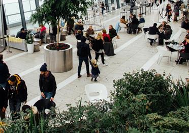 Green cafe space with people at Christmas