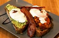 Bacon, egg, beans and avocado on toast