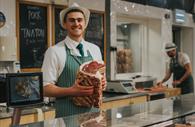 On-site butchers' department, stocking meat from the nearby family farm.