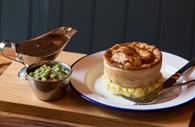 Pie, mash with peas and gravy