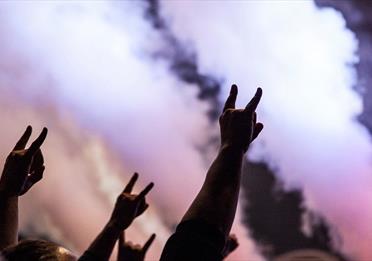 People at a concert making the sign of the horns hand gesture