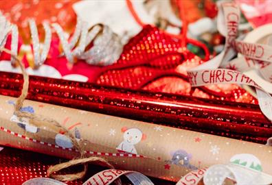 Red and white wrapping paper with ribbons