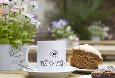 The Daisy Café mug and cake