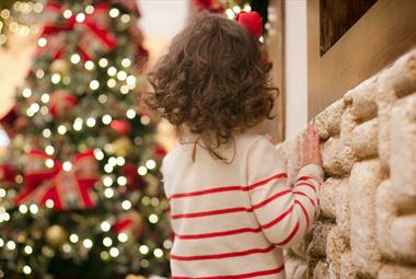 Brown haired child looking at decorated Christmas tree