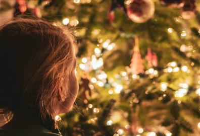 Young child looking at large indoor Christmas tree