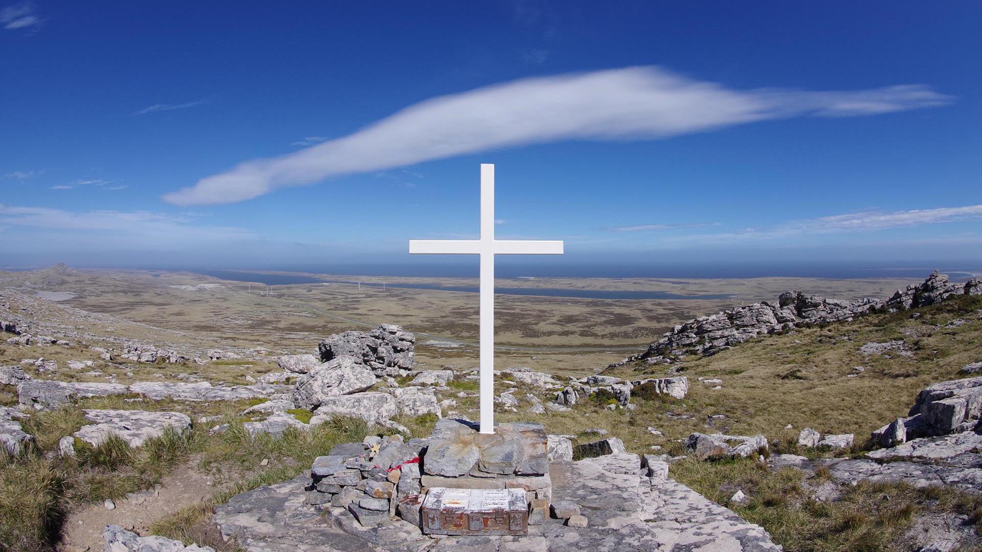 Remembrance Cross on mountain in the Falkland Islands