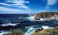 The wild seas of the South Atlantic crashes against the rugged coastline of the Falkland Islands