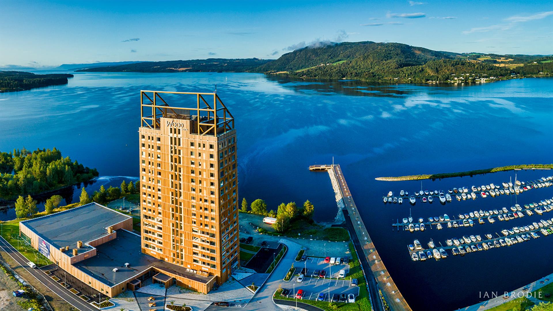 Wood Hotell - Drone photo towards lake Mjøsa