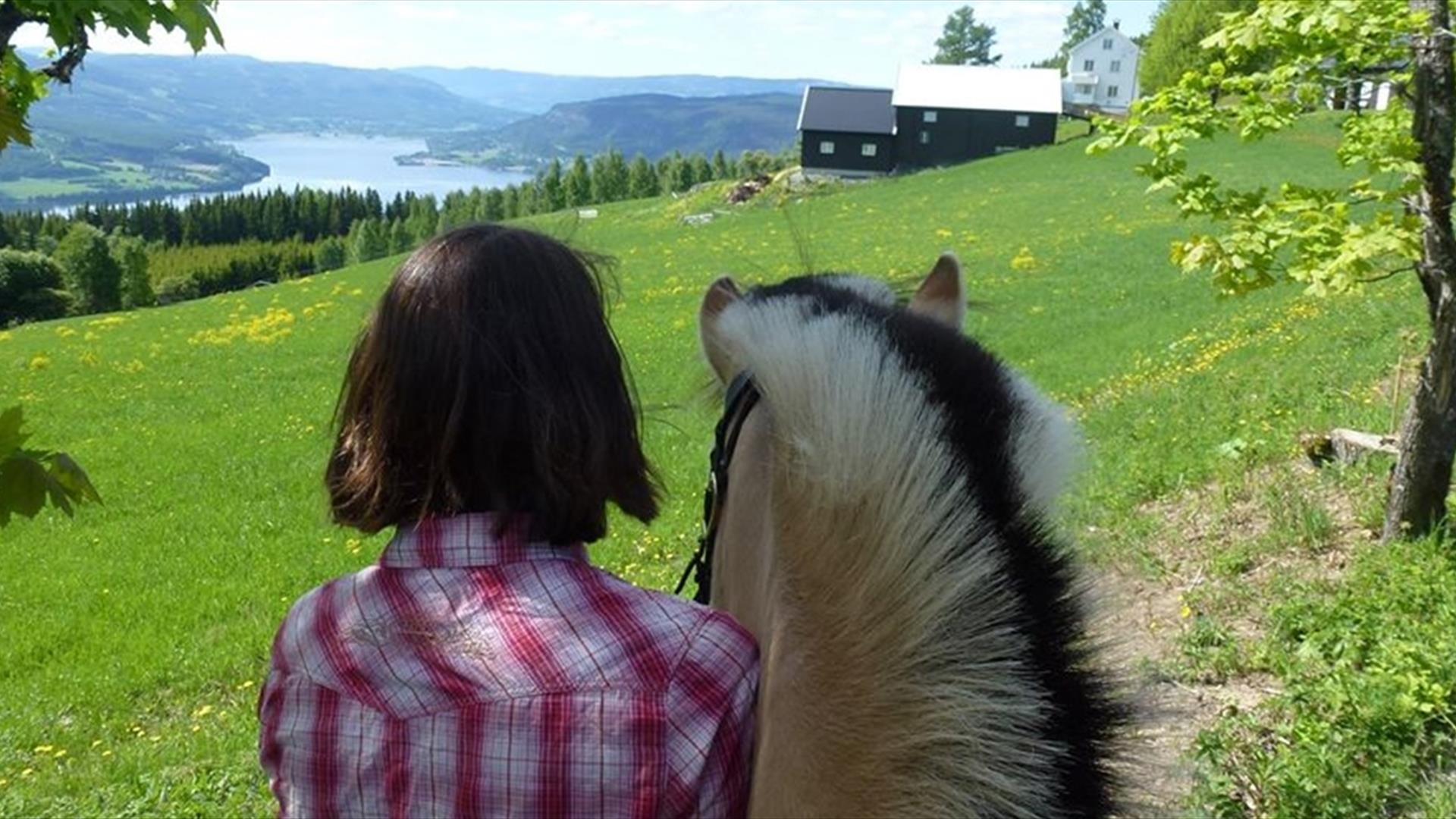 Ridevegen i Søndre Land ved Raaum Gård, Bergegarda, med utsikt til Randsfjorden.