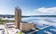 Drone image of Wood Hotel and Mjøsa