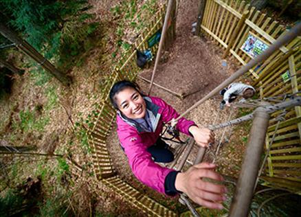 Visitor climbing the Treetop Challenge at Go Ape Grizedale