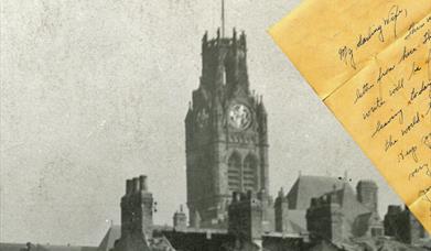 Black and white photo of a Church with a hand written letter sitting on on top of said photo