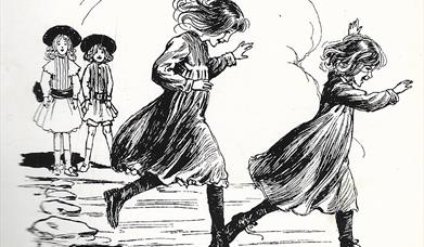 Black-and-white illustration of four children near a stream. Two girls in the foreground are joyfully leaping across stepping stones, their dresses an