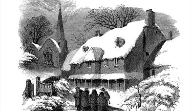 Crosshatch Illustration of 5 people walking in the snow towards a church in Winter