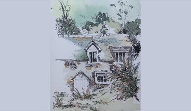 a watercolour painting of a cottage