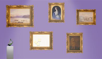 Mutiple artworks on a purple coloured wall