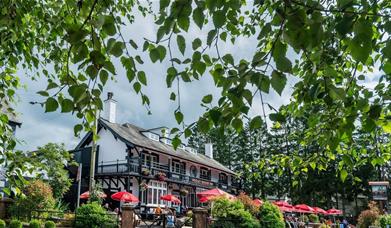 Exterior and lush plants in the summer at Pooley Bridge Inn in the Lake District, Cumbria