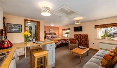 Apartment with double bed and kitchenette at Mosedale End Farm B&B and Glamping Pod in the Lake District, Cumbria
