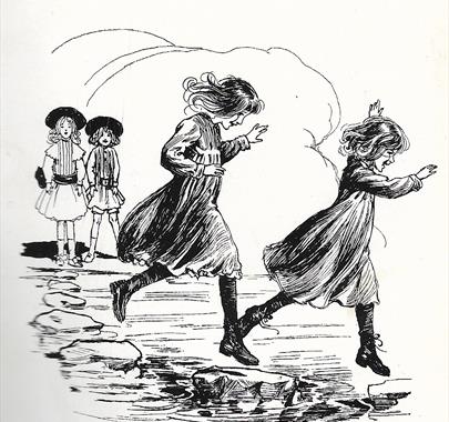 Black-and-white illustration of four children near a stream. Two girls in the foreground are joyfully leaping across stepping stones, their dresses an