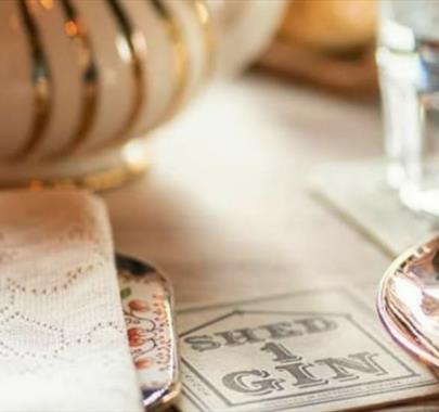 Teacups and Table at Afternoon G&Tea at Shed 1 Distillery in Ulverston, Cumbria