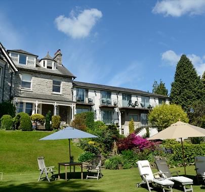 Exterior and garden seating at Clare House Hotel in Grange-over-Sands, Cumbria