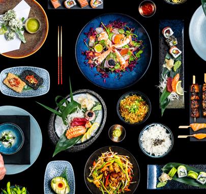 Spread of gourmet food on a table
