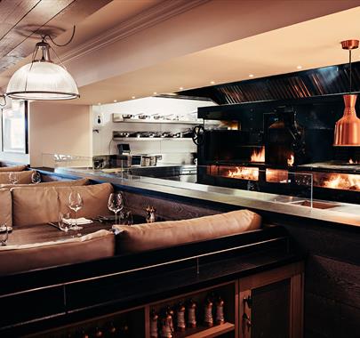 Dining Room and Kitchen at Blue Smoke on the Bay Restaurant at Low Wood Bay Resort & Spa in Windermere, Lake District