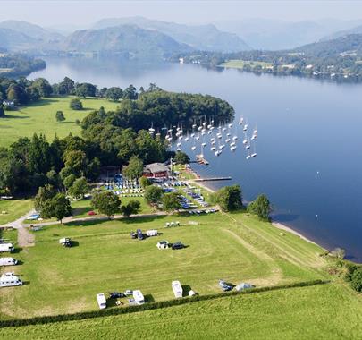 View of Ullswater Yacht Club from above, in the Lake District, Cumbria