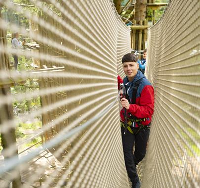 A young man wearing a red and blue jacket and safety harness navigating a rope bridge in a treetop adventure course, surrounded by lush green forest.
