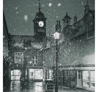 Black and White Photo of snow falling in Carlisle, Cumbria