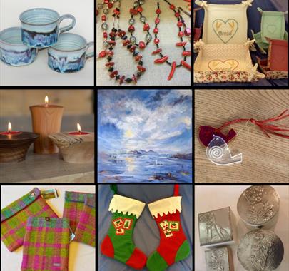 A collage of nine handcrafted items including: ceramic mugs with a blue glaze (top left), red and black beaded jewelry (top center), embroidered fabri