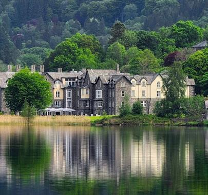 View of Daffodil Hotel & Spa across Grasmere Lake in the Lake District, Cumbria