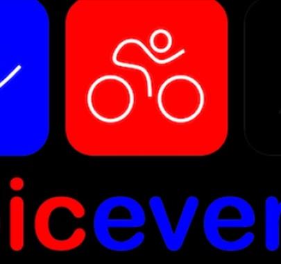 Logo for 'epic events' featuring three icons above the text: a swimmer in a blue square, a cyclist in a red square, and a runner in a black square