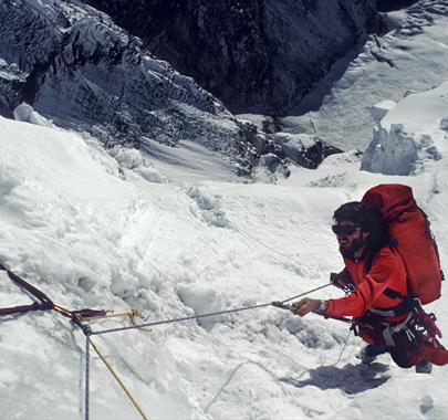 Stephen Venables climbing a snowy Mount Everest slope