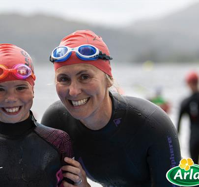 Family Swimming at the Great North Swim at Brockhole on Windermere in the Lake District, Cumbria