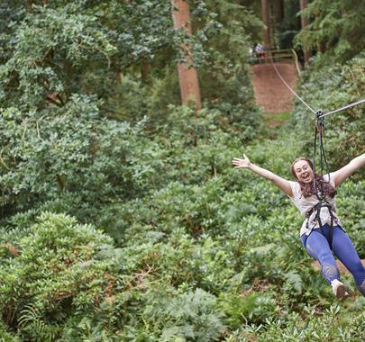 Visitor on the Zipline at Go Ape in Grizedale Forest in the Lake District, Cumbria
