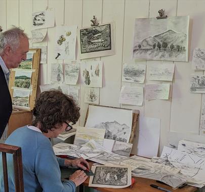 Visitors Sketching at an Art Course with Long House Studios in Kentmere, Lake District