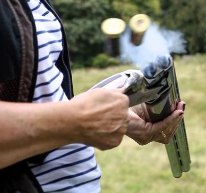 Visitor at Target Practice with Michael Coates Clay Shooting in the Lake District, Cumbria