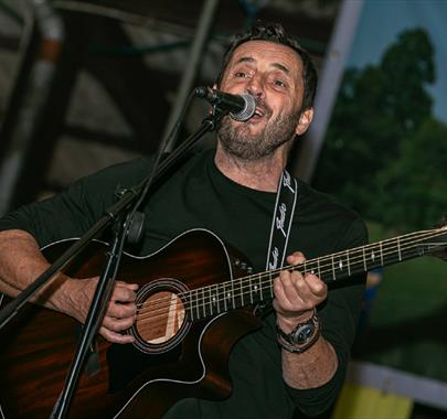 man on stage with a guitar singing into a microphone.