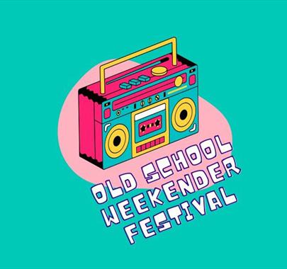 Poster for the Old School Weekender Festival with a retro boombox illustration on a teal background